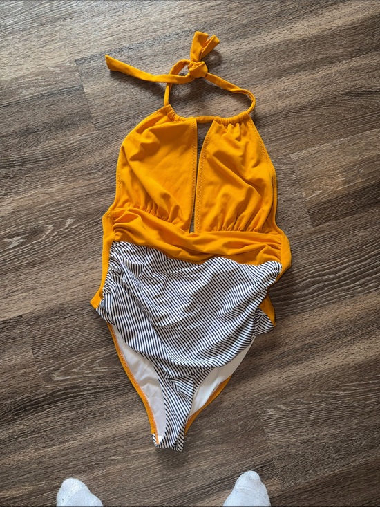 Cupshe Other - Cupshe Mustard Yellow Halter One-Piece Swimsuit with Black & White Stripe